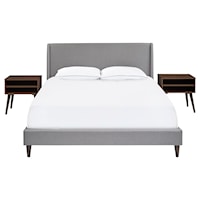 Mid-Century Modern Queen Wing Bed and Double Nightstand Set
