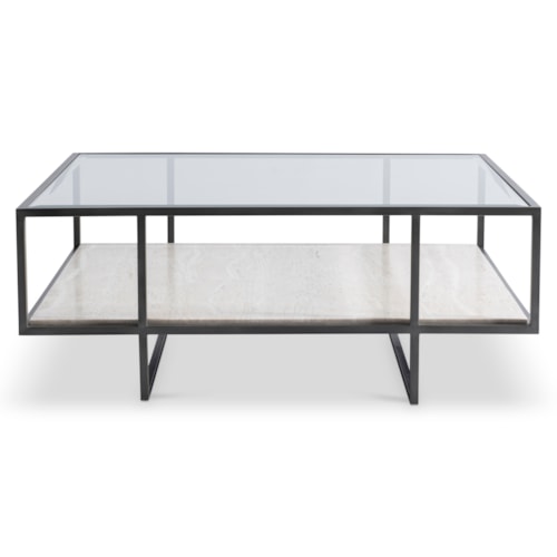 Contemporary 44" Glass-Top Cocktail Table w/Travertine Stone Shelf