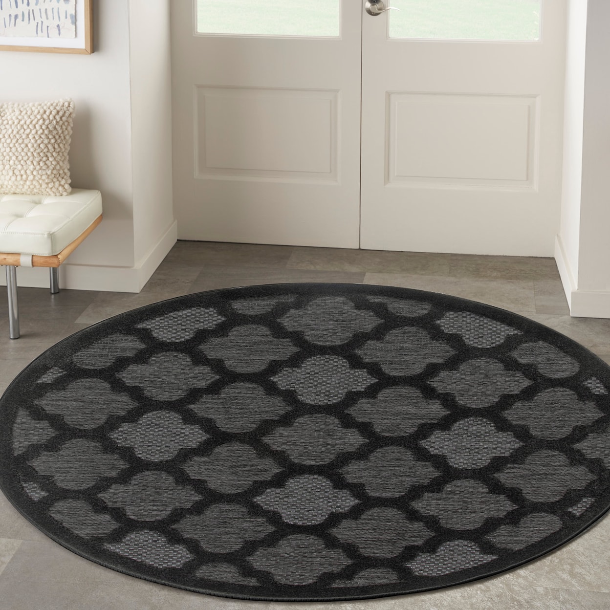 Nourison Easy Care 5' x Round Charcoal Black Modern Rug