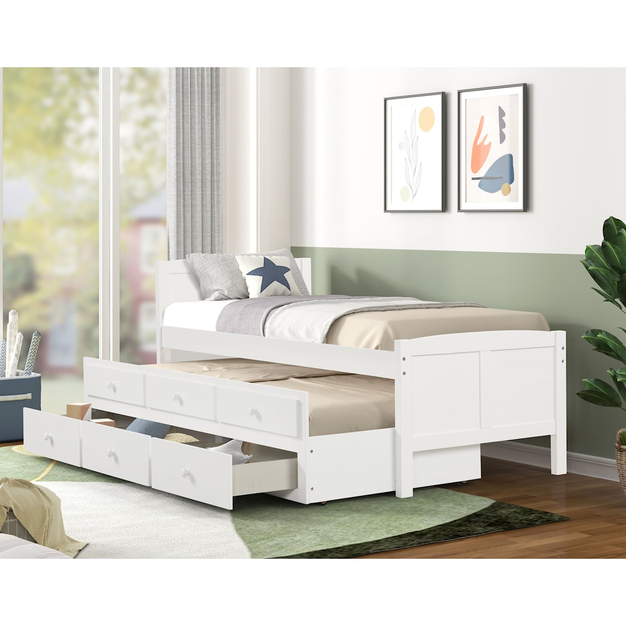 Alex's Furniture B823 CAPTAINS BED W/TRUNDLE & DRAWERS WHITE