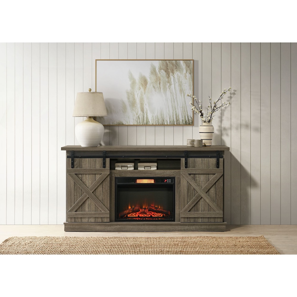 Elements International TV Stands w/Fireplace Bryce Barndoor Fireplace Entertainment Stand