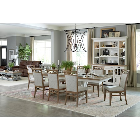 Transitional Trestle Table with 8 Upholstered Chairs