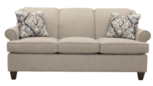 Transitional Sofa with Rolled Armrests & Exposed Wood Legs
