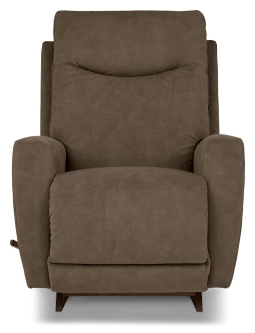 Casual Upholstered Manual Rocking Recliner with Exposed Wood Leg
