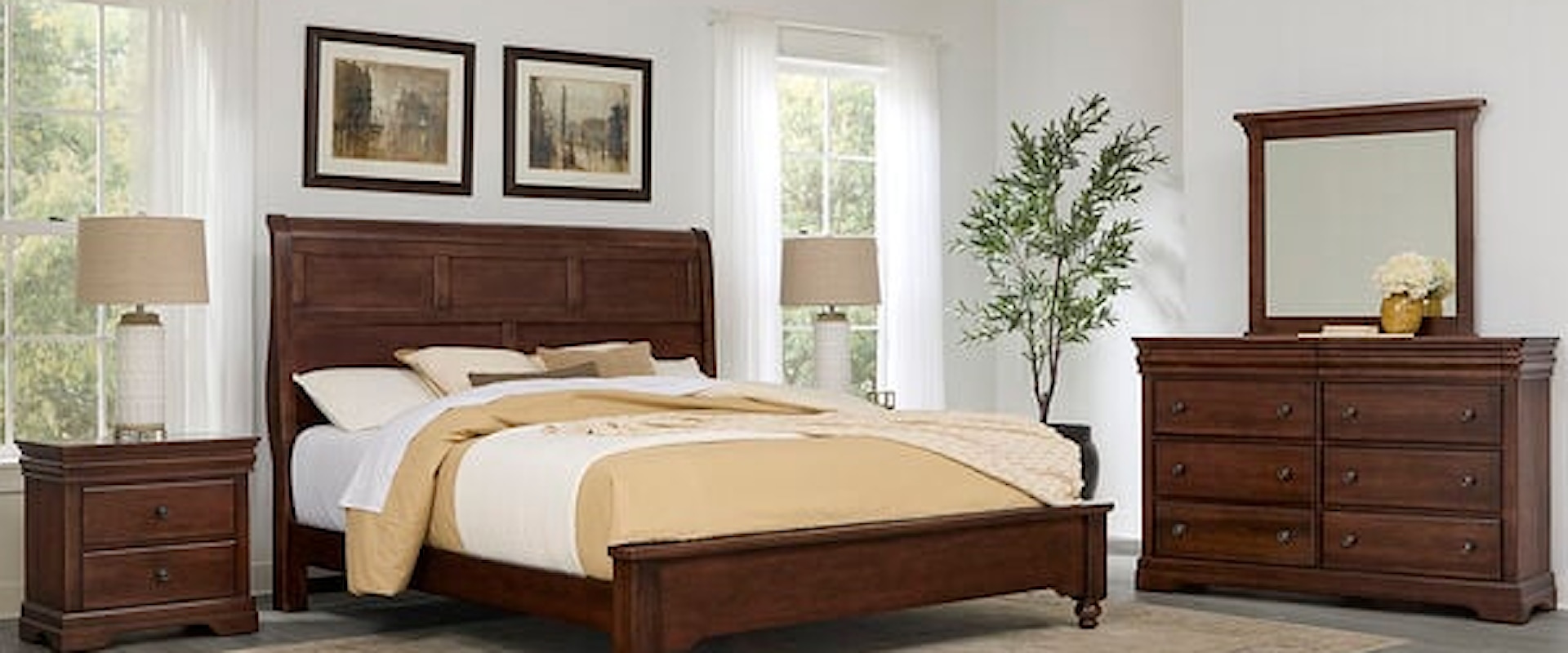 Transitional King Sleigh Bedroom Warm Cherry