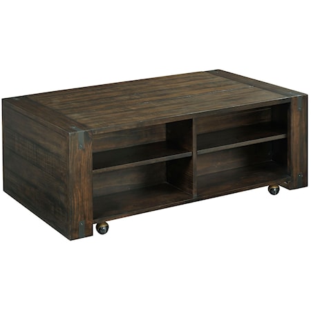 Casual Rectangular Lift Top Coffee Table with Shelves and Removable Casters