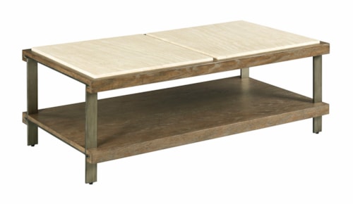 Contemporary Wood and Metal Rectangular Coffee Table with Stone Top