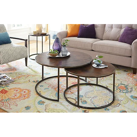 Nesting Round Cocktail Table Set with Acid Wash Hammered Copper Tops & Metal Bases