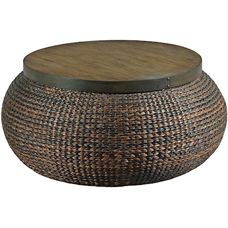 Round Basket Cocktail Table with Wood Top