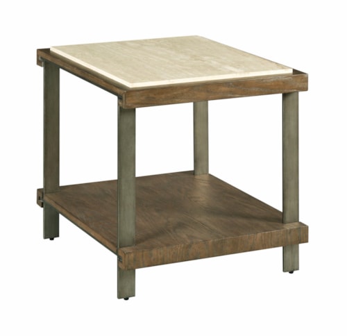 Contemporary Wood and Metal Rectangular End Table with Stone Top