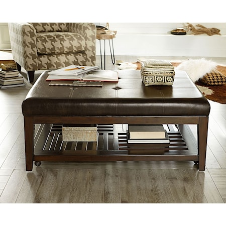 Transitional Rectangular Cocktail Ottoman with Leather Top