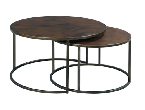 Nesting Round Cocktail Table Set with Acid Wash Hammered Copper Tops & Metal Bases