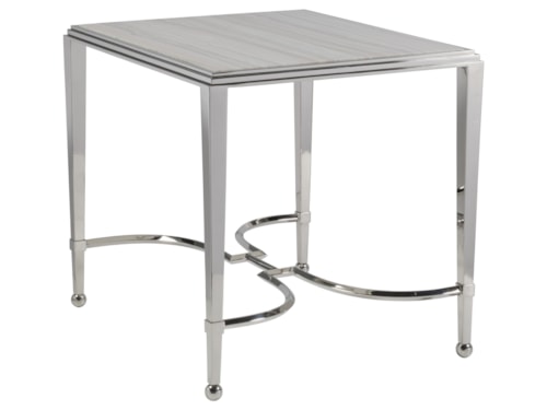 Transitional Rectangular Metal End Table with Travertine Stone Top