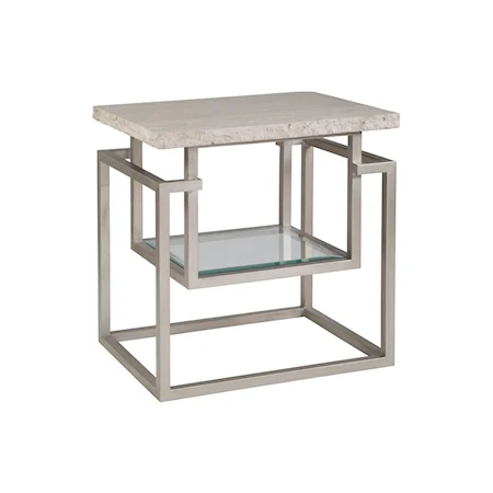 Contemporary Rectangular Stone Top End Table with Glass Shelf