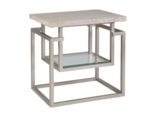 Contemporary Rectangular Stone Top End Table with Glass Shelf