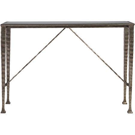 Transitional Hammered Metal Console Table with Glass Top
