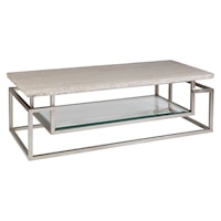 Contemporary Rectangular Stone Top Cocktail Table with Glass Shelf