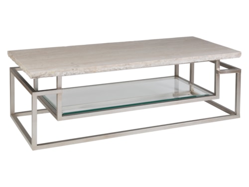 Contemporary Rectangular Stone Top Cocktail Table with Glass Shelf