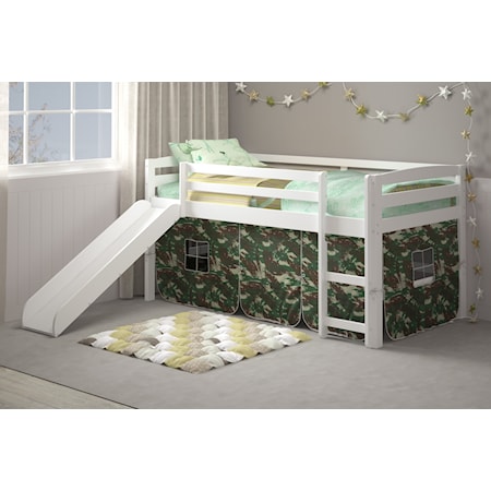Casual Loft Bed with Slide and Tent - White/Camo