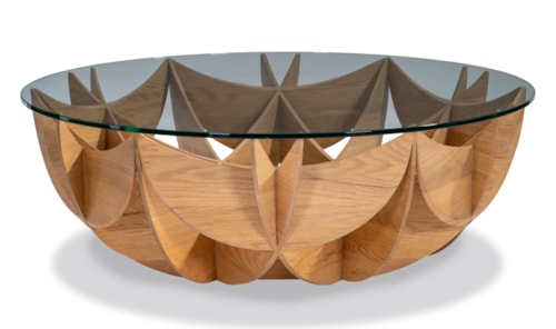 Contemporary Oak Honeycomb Cocktail Table with Glass Top