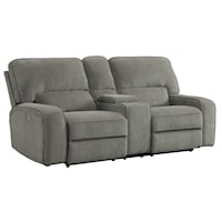 Transitional Power Double Reclining Love Seat with Center Console, Power Headrests, and USB Ports