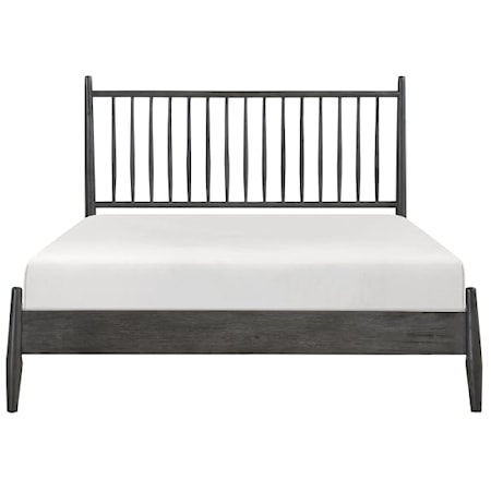 Mid-Century Modern Queen Platform Bed with Spindle Headboard