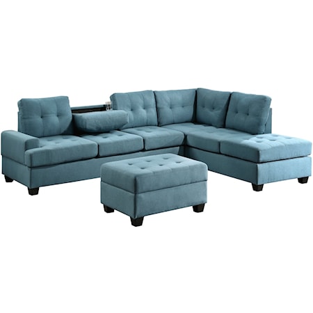 Transitional 2-Piece Sectional with Drop-Down Cup Holders and Storage Ottoman