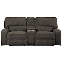 Transitional Power Reclining Love Seat with Center Console, Power Headrests, and USB Ports