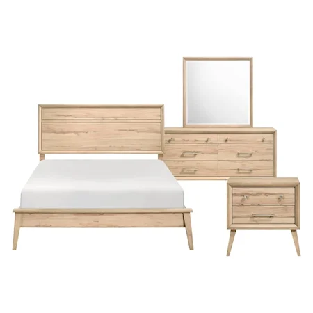 Mid-Century Modern 4-Piece Queen Bedroom Set with Natural Oak Finish