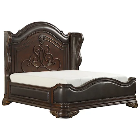Traditional Queen Bed with Carved Scrolling Accents