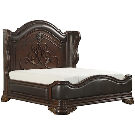 Traditional California King Bed with Carved Scrolling Accents