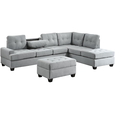 Transitional 2-Piece Reversible Sectional with Drop-Down Cup Holders and Storage Ottoman