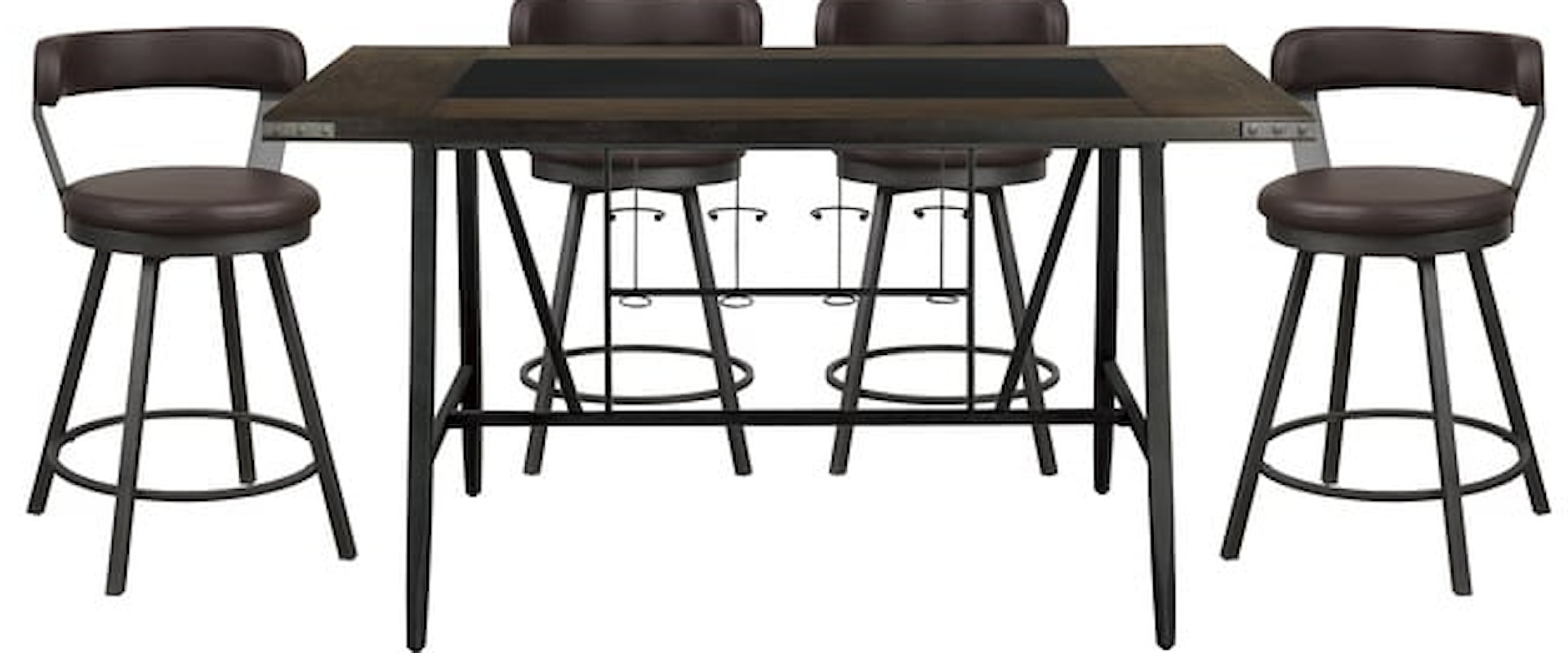 Industrial 5-Piece Counter Height Dining Set with Wine Rack