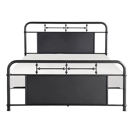 Transitional Queen Platform Bed with Metal Black Panel Headboard and Footboard