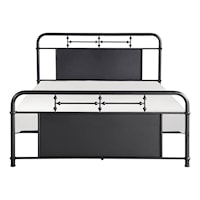Transitional Queen Platform Bed with Metal Black Panel Headboard and Footboard