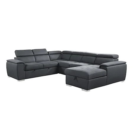 Transitional 4-Piece Sectional with Adjustable Headrests, Pull-out Bed and Right Chaise with Hidden Storage