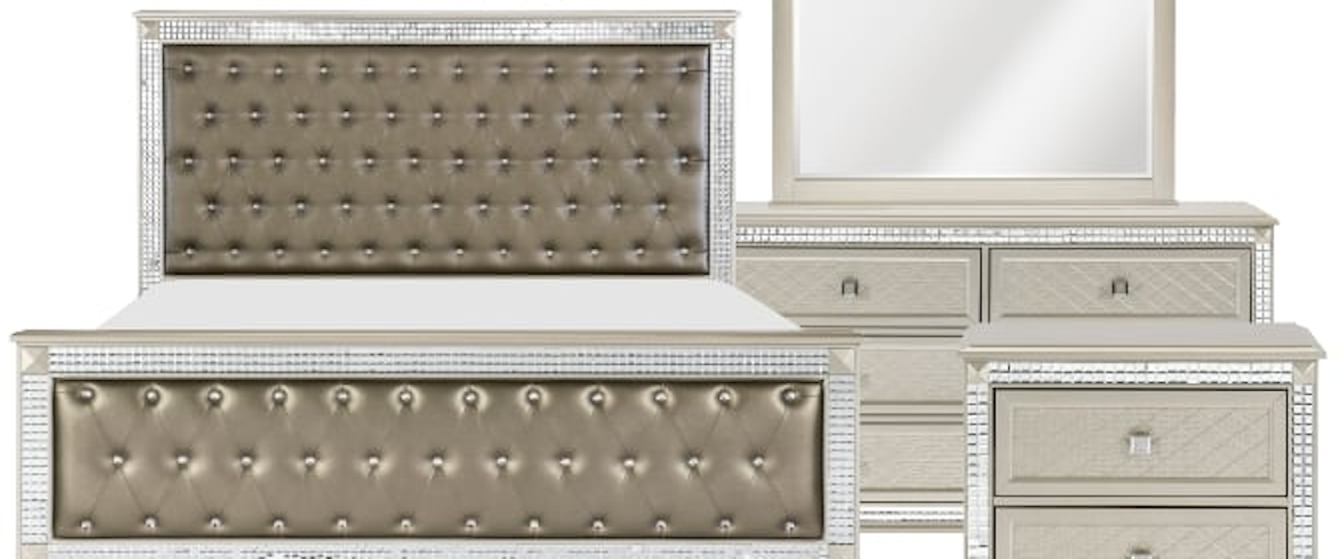 Glam 4-Piece Queen Bedroom Set with Tufted Upholstery and Mirror Trimming