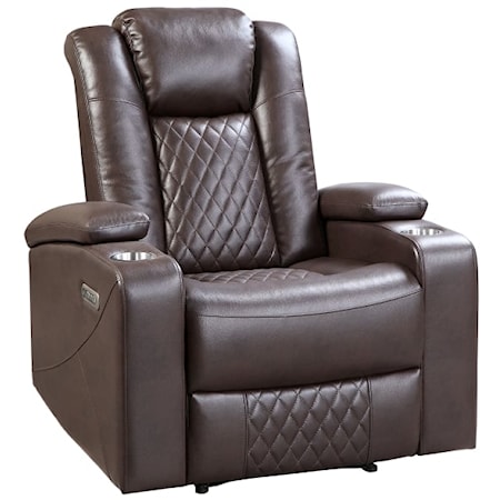 Transitional Power Reclining Chair with Power Headrest, Cup Holders, and Storage Arms