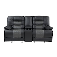 Transitional Double Glider Reclining Love Seat with Center Console, Receptacles and USB Ports