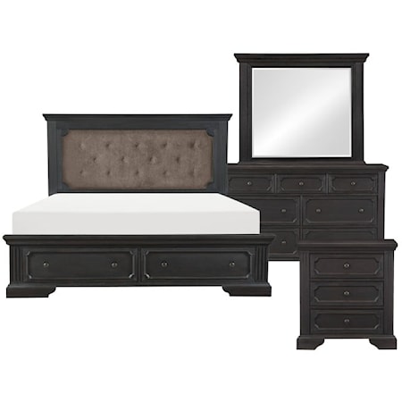Traditional 4-Piece Queen Bedroom Set with Tufted Headboard and Storage Footboard