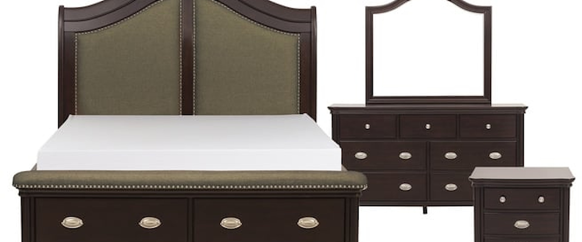 Traditional 4-Piece Queen Bedroom Set with Sleigh Headboard and Storage Footboard