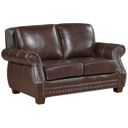 Leather Rolled-Arm Loveseat w/Nailhead Trim