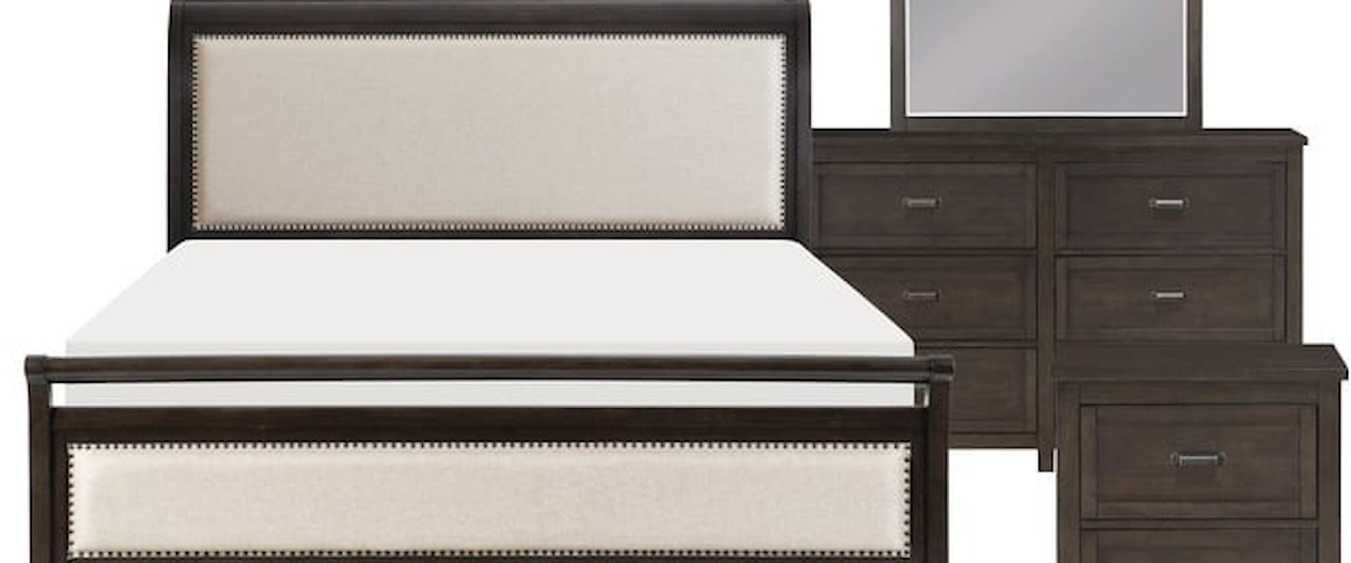 Transitional 4-Piece Queen Bedroom Set with Upholstered Headboard and Nailhead Trimming