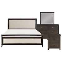 Transitional 4-Piece Queen Bedroom Set with Upholstered Headboard and Nailhead Trimming