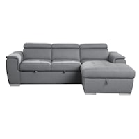 Transitional 2-Piece Sectional with Adjustable Headrests, Pull-out Bed and Right Chaise with Hidden Storage