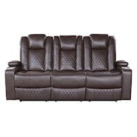 Casual Dual Power Reclining Sofa with Drop-Console, Storage Arms, and Reading Lights