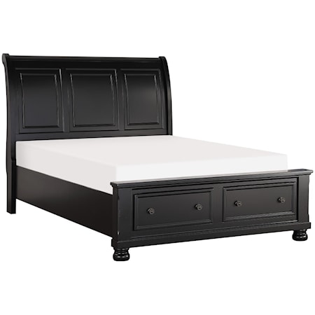 Transitional King Sleigh Panel Bed with Footboard Storage