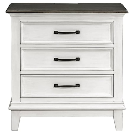 Casual Farmhouse 3-Drawer Nightstand with Outlets and USB Ports