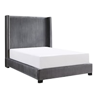 Contemporary Eastern King in a Box with Pleated Velvet Upholstered Headboard and Footboard