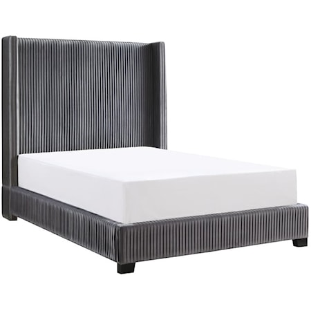 Contemporary Eastern King in a Box with Pleated Velvet Upholstered Headboard and Footboard